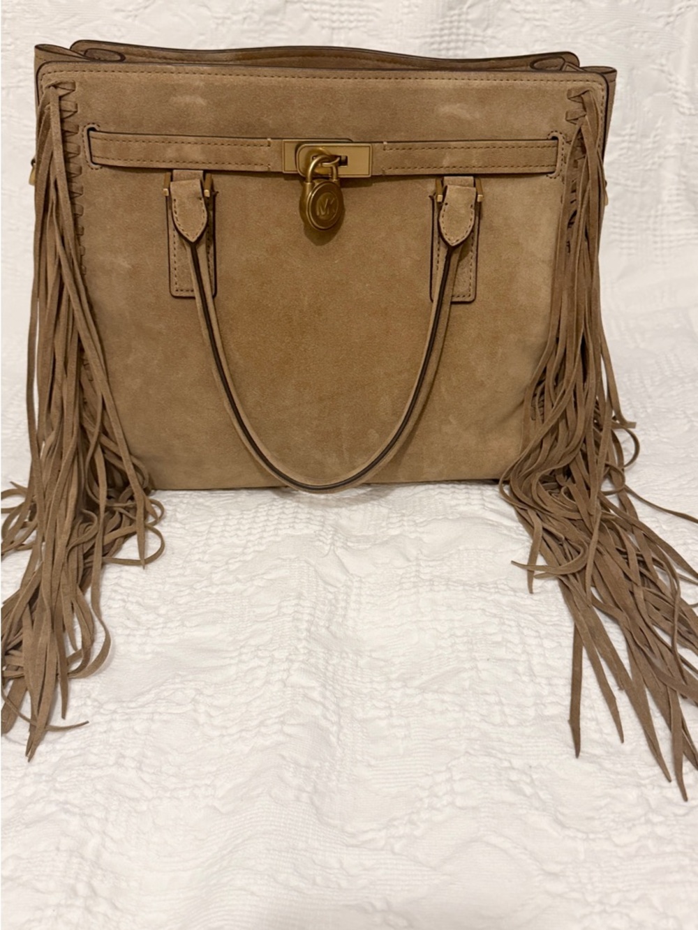 Hamilton Moderne Large Fringed Suede X Satchel COLOR: HUSK